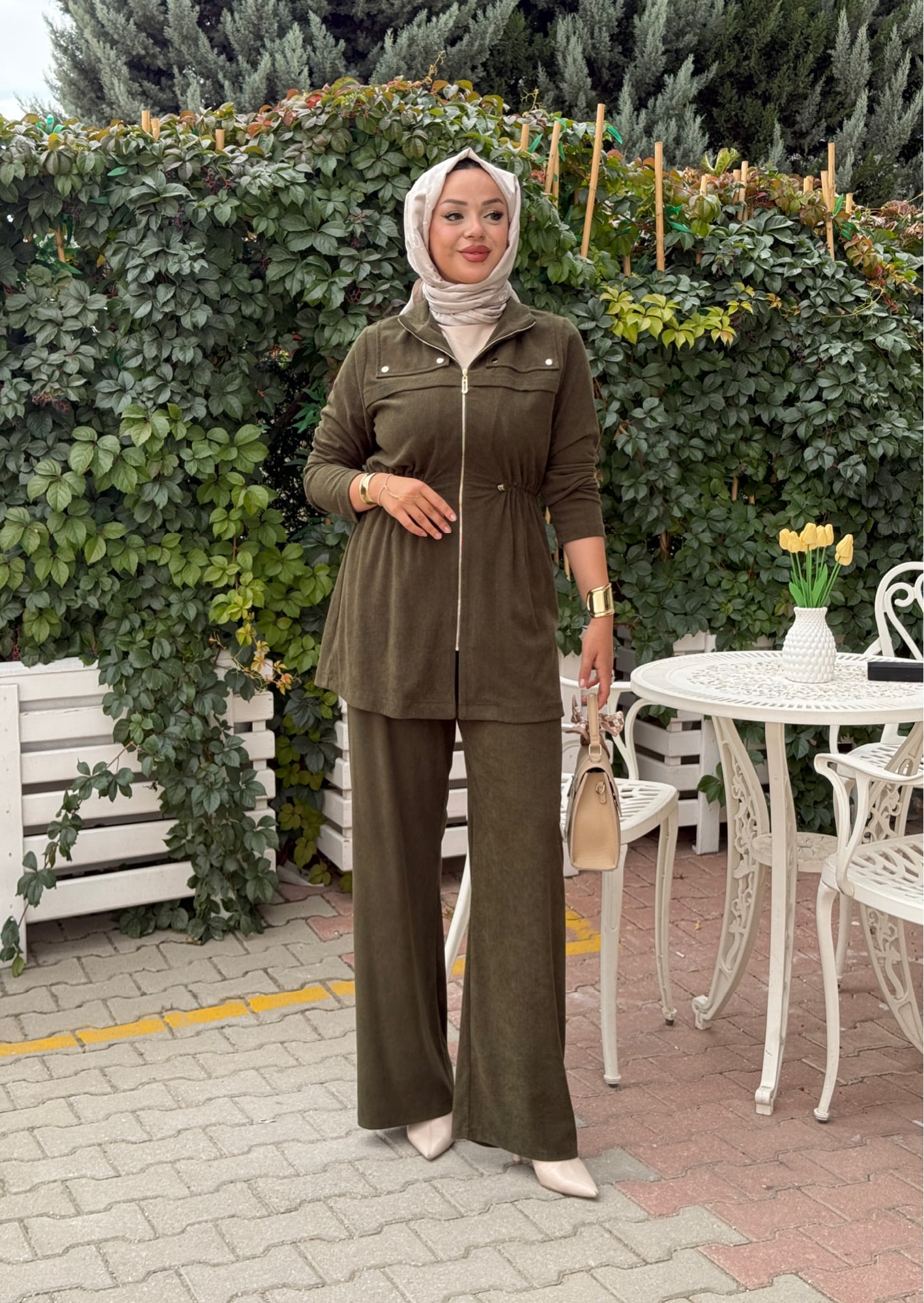 Derin kadife belden büzgülü takim
